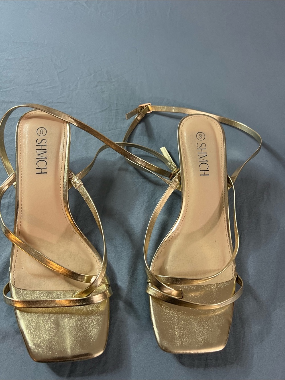Metallic Gold Strappy Square-Toe Heels for Women